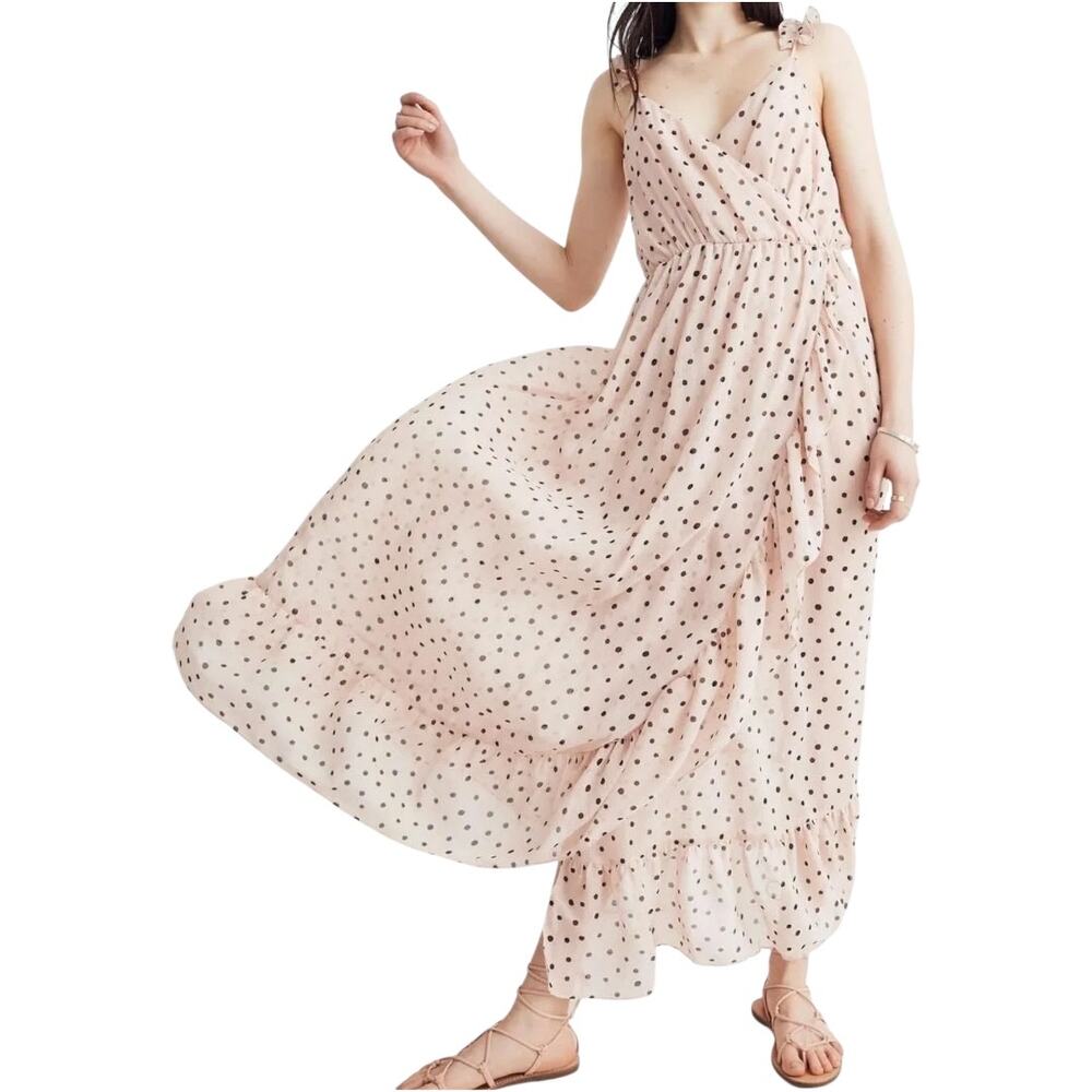 Madewell Ruffle Strap Wrap Dress Midi Painted Dots Bashful Blush Beige Black 00